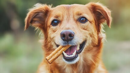 Obraz premium Playful dog biting a dental chew stick