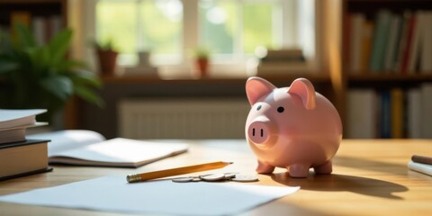 A Pink Piggy Bank Sits on a Wooden Desk Near Coins, a Pencil, and Papers, Symbolizing Financial Planning and Savings