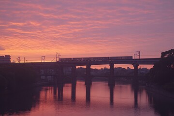 Fototapeta premium Serene Sunset Reflection Over Train Bridge and Calm River Waters