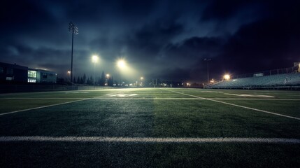 Empty football field under stadium lights, wide view with dramatic shadows. Solitude and anticipation in the night.
