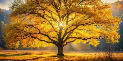 Naklejka premium Golden Autumn Majesty A Solitary Tree Bathed in the Warmth of the Setting Sun, Casting Long Shadows Across a Serene Meadow