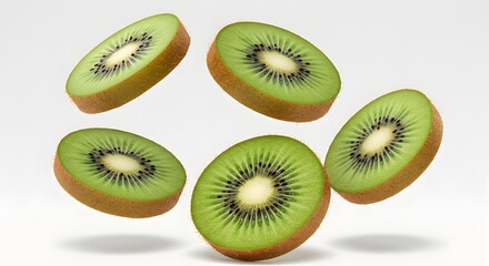 Fototapeta premium Levitating kiwi slices with realistic green pulp, soft hairy skin edge, and high contrast shadows on white background