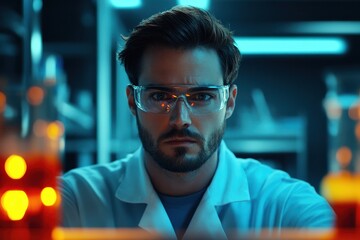 Fototapeta premium Serious Scientist in Laboratory with Safety Glasses and Research Equipment