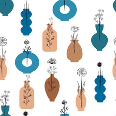 Wild flowers in vases, bottles seamless pattern. Silhouette modern forms. Minimalistic bouquet in Ceramic on white background for printing on wallpaper, wrapping paper, fabric.