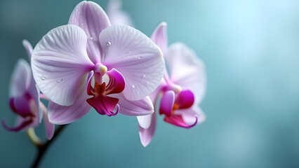 Close-up of Delicate Pink and White Orchid Flowers with Dew Drops on Petals on Soft Blue Background