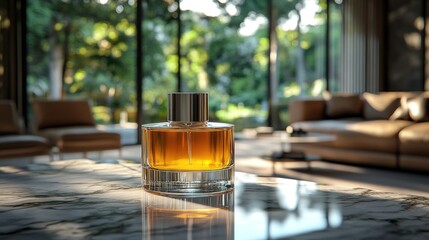 Elegant amber perfume bottle on marble table
