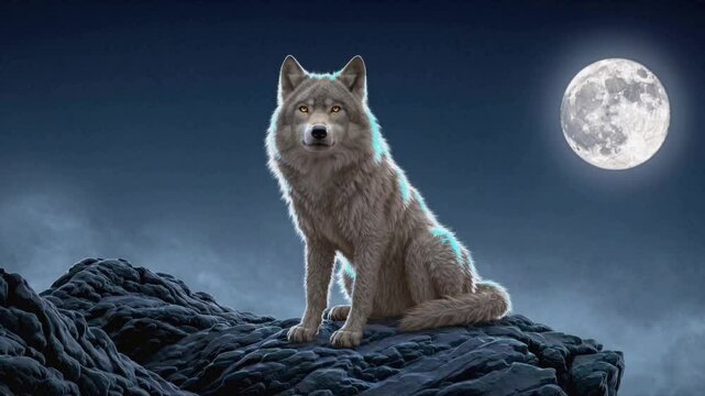 Gray wolf sitting on rocky terrain under full moon, surrounded by misty clouds. Dramatic night scene with glowing blue highlights on wolf's fur.