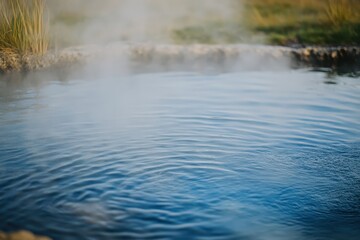 Fototapeta premium Tranquil Hot Spring with Mist and Gentle Ripples Near Green Grass