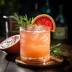 Refreshing Paloma Cocktail with Blood Orange and Rosemary Garnish on Wood Surface
