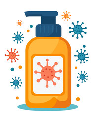 Sanitizer bottle with virus icons, colorful design, promoting hygiene and health. Ideal for health awareness and cleanliness themes