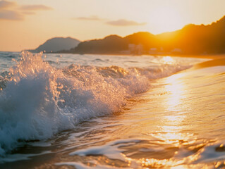 Fototapeta premium Soft light spills across the tranquil beach, illuminating the gentle waves that dance on the shore. Early morning quiet brings a serene glow, inviting peace and reflection in the coastal landscape