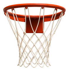 Close-up of an orange basketball hoop with a white net.