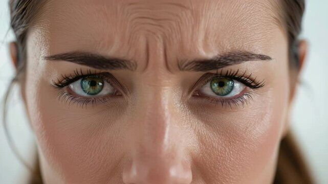 Close-up of serious woman with furrowed brow and determined gaze	