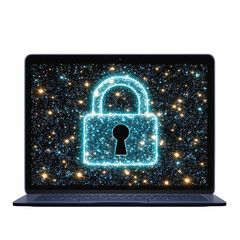 Glowing cybersecurity lock icon on laptop screen, surrounded by starry background, symbolizes digital security and protection