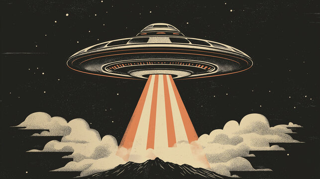Retro Style UFO Hovering in Night Sky with Light Beam - Vintage Sci-Fi Illustration for World UFO Day