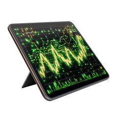 Digital tablet displaying vibrant data visualization with green and yellow waveforms, showcasing technology and analytics