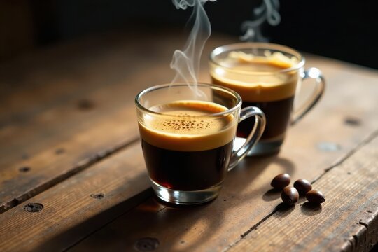 Two steaming cups of espresso rest on a rustic wooden surface, near a scattering of coffee beans, inviting warmth and a moment of quiet contemplation.