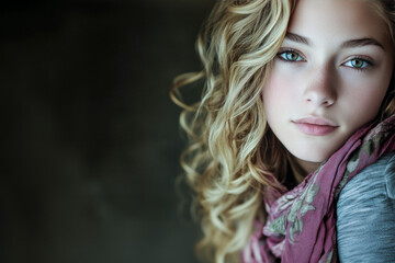 Naklejka premium A young woman with wavy blonde hair and striking green eyes gazes softly at the camera, wearing a floral scarf