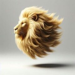 Naklejka premium a 3d floating, ultra-plush gold lion head with long, luxurious fur, hovering slightly above a clean white surface