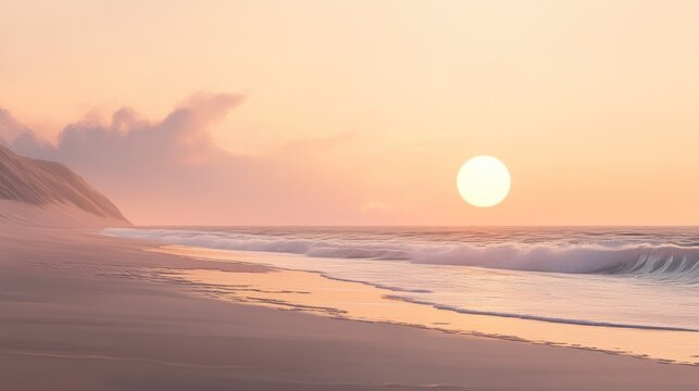 Pastel sunset beach scene. Gentle waves crash on a sandy shore, as the sun sets in a soft, pink-orange sky.  Clouds drift in the pale light