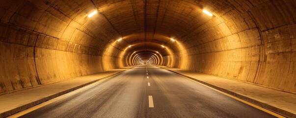 Construction infrastructure tunnel progress concept. Empty tunnel with illuminated walls and a straight road ahead.