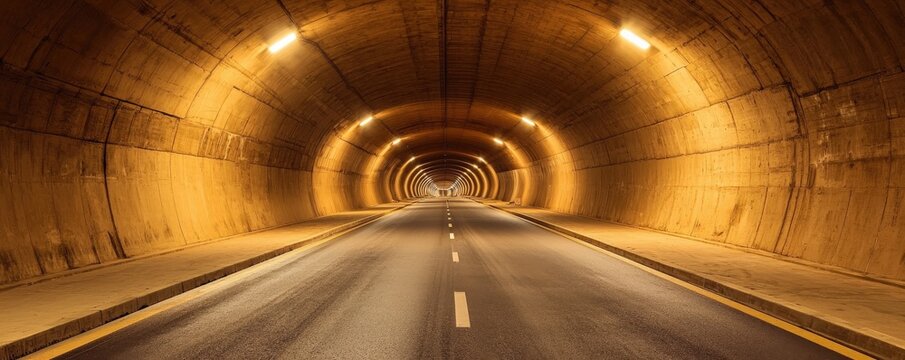 Construction infrastructure tunnel progress concept. Empty tunnel with illuminated walls and a straight road ahead.