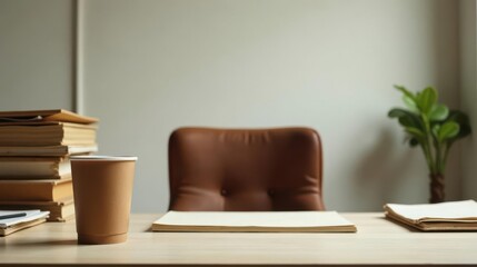 Quiet workspace with a stack of books, a cup of coffee, and an empty notebook on a wooden desk