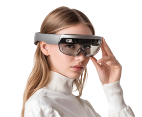 Young woman wearing augmented reality glasses, showcasing futuristic technology and design.
