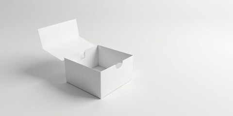 A Simple White Cardboard Box Partially Open on a Plain White Background, Ready for Product Placement or Design Mockups