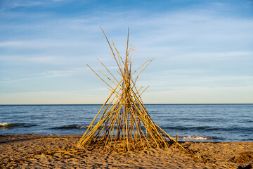 Driftwood Teepee Structure on a Sandy Beach by the Sea
