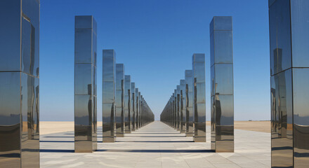 Fototapeta premium Mirror-polished columns creating desert corridor