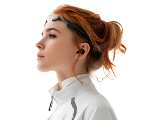 A young woman wearing a neuro-tech device and looking up, side profile view, sporty wear.