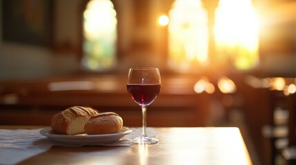 Fototapeta premium Communion, Bread and Wine on a Table in a Church