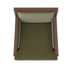 olive green velvet wood armchair top view isolated.
