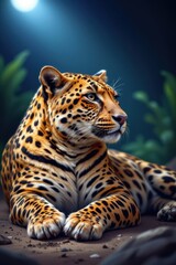 Obraz premium create a close up illustration of a leopard resting and looking away from the viewer under floodlights, place the subject on the left side of the image