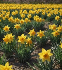 Obraz premium Sunlit field of vibrant yellow daffodils in full bloom , cheerful, springtime