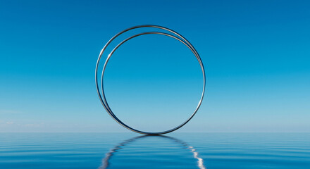 Thin Metal Circle Reflecting on Calm Blue Water