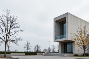 create an image featuring minimalist almost brutalist urban architecture as the main focus, positioned to the right side of the frame with generous copy space on the left