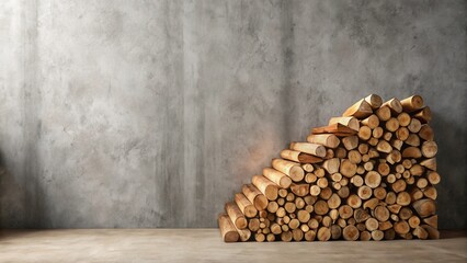 A neatly stacked pile of wood logs rests against a textured concrete wall, a rustic scene suggesting warmth and natural elements