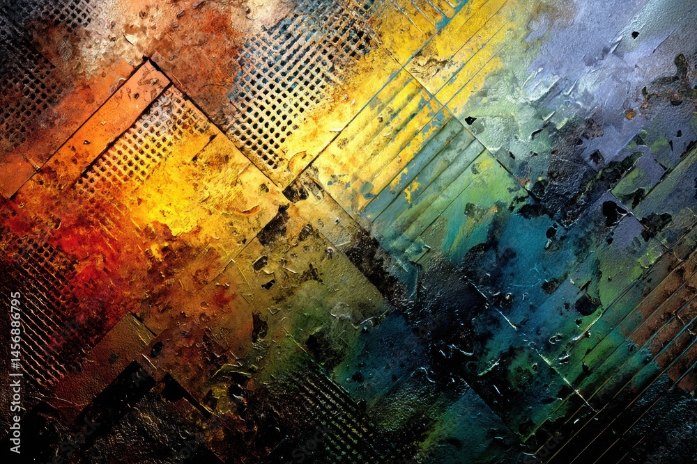 Aufkleber metal and enamel textures merge in an abstract concept showcasing vibrant colors and intricate patte