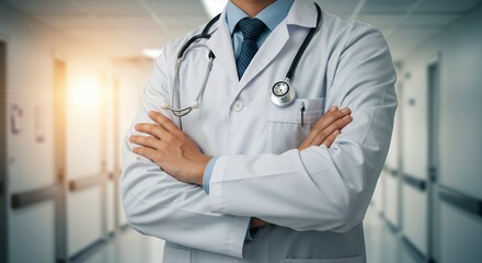 Close Up of Doctor in White Lab Coat with Stethoscope in Bright Hospital Hallway with Sunlight Streaming In Creating Professional Look
