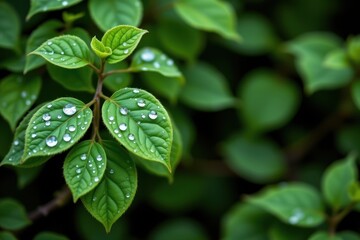 tranquil dew kissed leaves in natural harmony for nature themed designs, position the subject on the left with ample copy space on the right.