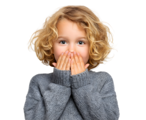Adorable little girl with curly blonde hair covering her mouth in surprise and shock.