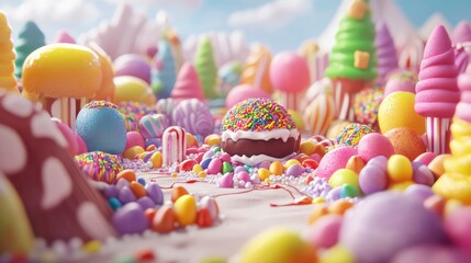 Sweet Candy Land With Colorful Treats And Sweets On A Clear Sky Background.