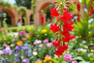 beautiful red hanging flower plant in a quranic botanical garden in qatarthis image features a stunning red hanging flower plant in a lush quranic botanical garden in qatar
