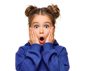 A surprised little girl with a wide open mouth and hands on her cheeks, showing shock.
