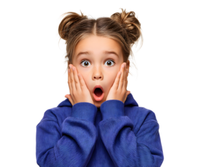 A surprised little girl with a wide open mouth and hands on her cheeks, showing shock.