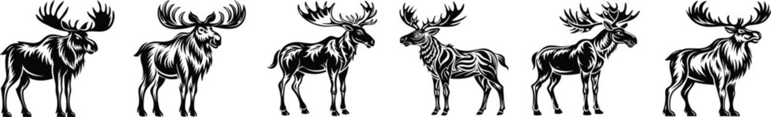  Moose Silhouettes Collection, Black Moose Vector Illustrations, Minimalistic Wild Animal Designs