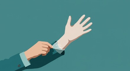 Stylized Pixel Art Hands Putting on Medical Glove With Teal Sleeve on a Teal Background