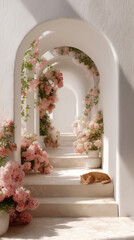 Serene garden hallway adorned with blooming flowers and a resting cat in a tranquil setting